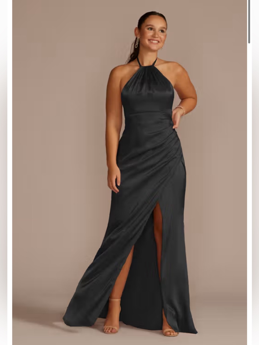 Galina Signature Tie-Neck Charmeuse Halter Dress Black Ruched Gown Size 18